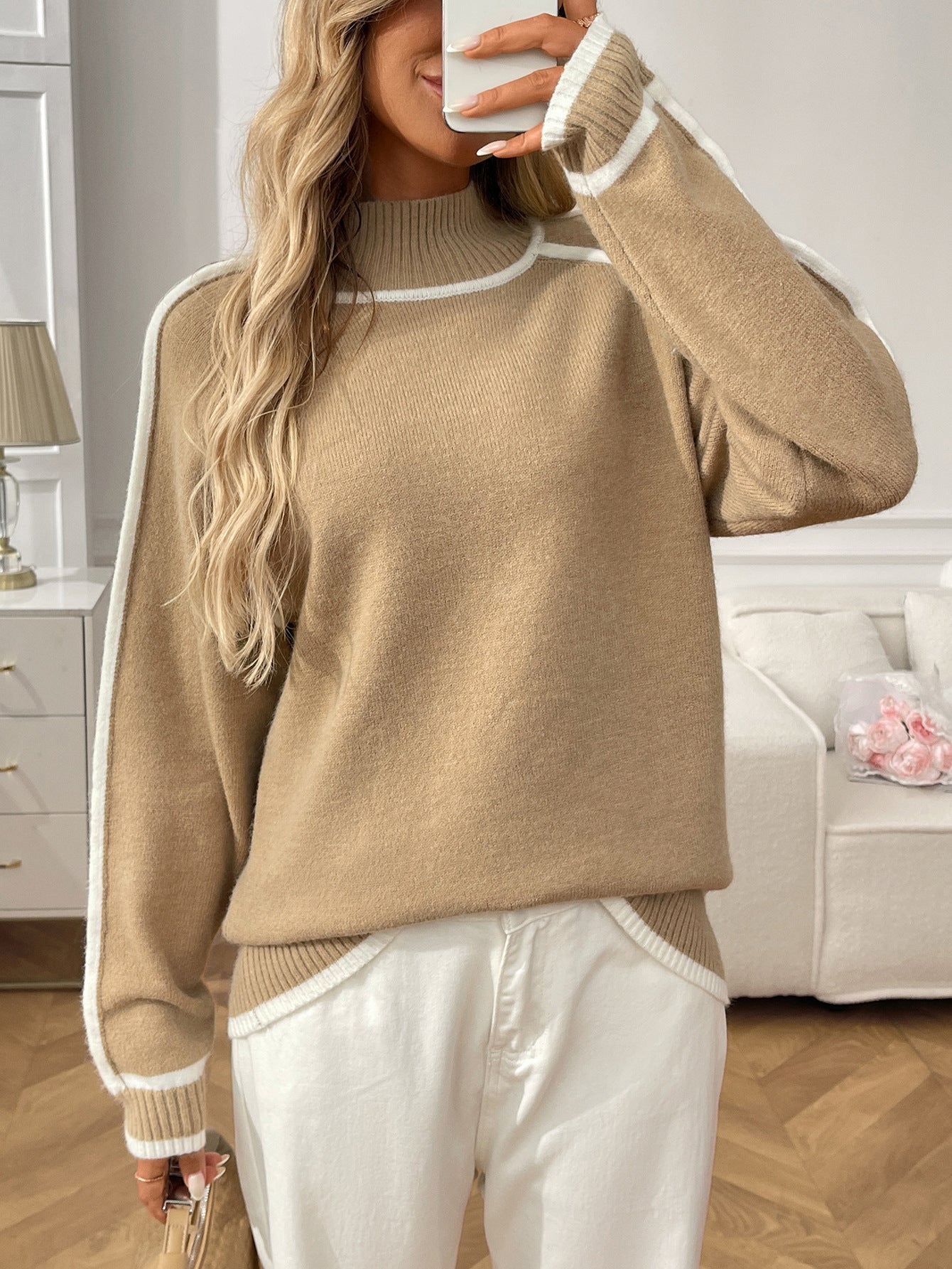 Soft-touch contrast trim turtleneck sweater for women in camel beige knit, perfect cozy chic fall layering pullover for brunch or office casual looks, quiet luxury minimalist style, high neck knit pullover, quiet luxury knit sweater, old money knitwear, beige turtle neck sweater women.