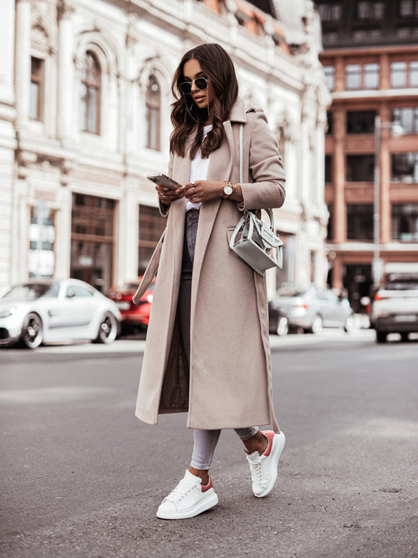 Women’s wool blend tie-waist wrap coat featuring a polished silhouette and clean finish, suitable for professional, travel, and everyday wear.