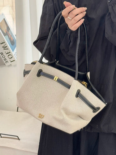 belted canvas tote bag, Serane structured belted canvas tote bag women in chocolate brown with gold hardware, oversized laptop-friendly work tote for office and travel.
