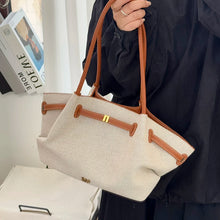 Load image into Gallery viewer, structured canvas tote bag for business casual women, belted canvas tote bag for office outfits, chocolate brown canvas carryall for workwear, Pinterest trending canvas tote bag fall 2025.