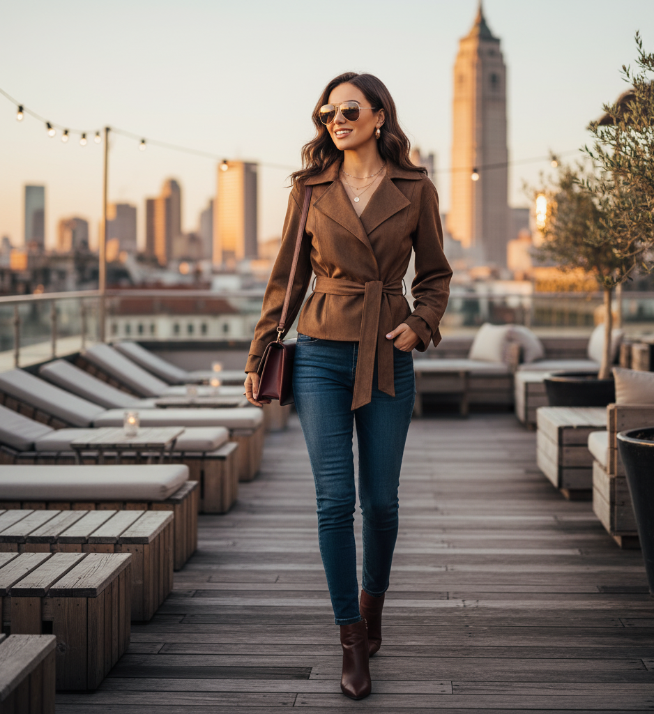 short trench coat women, Cropped suede trench coat women, belted suede jacket women ideal for workwear trench coat outfit, quiet luxury suede jacket aesthetic meets timeless old money trench coat energy.