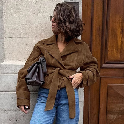 Cognac trench coat women in belted faux suede finish, perfect short trench coat women for business casual suede jacket women outfits and elegant fall suede trench coat styling.