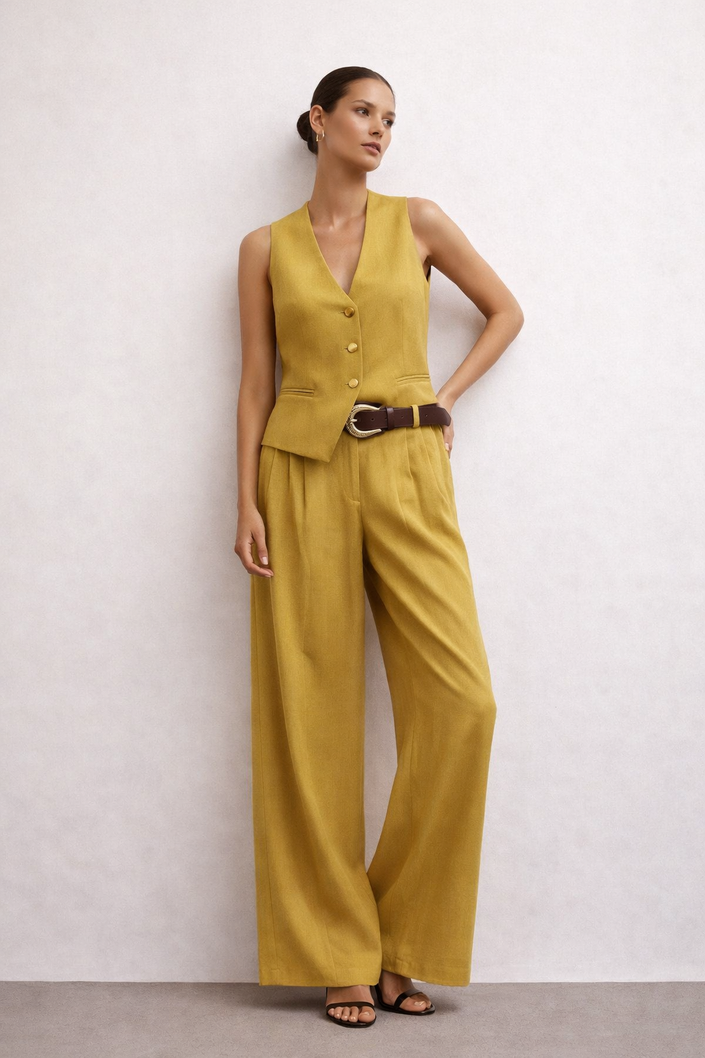belted trouser set, vest and pants set, two piece pants set, two piece trouser set, tailored coord set, office coord set, vest trouser coord, wide leg coord set, wide leg set transitional weather, affordable vest pants set under $100, two piece pantsuit, sleeveless vest outfit.