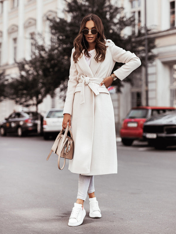 Women’s wool blend wrap coat in white with tie waist and mid-calf length, featuring a clean lapel design and tailored silhouette, ideal for workwear and business casual outfits.