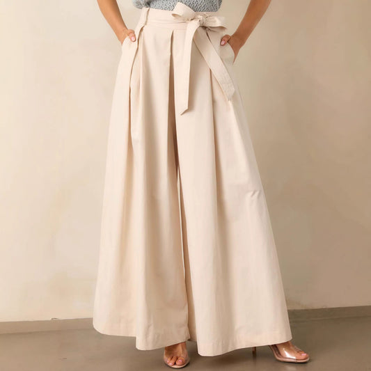 belted wide leg pants, high waisted wide leg pants, Cream wide leg pants women, smooth structured fabric with high waisted belted design, flowy full length silhouette, cream wide leg pants outfit women, perfect for business casual wear, business casual pants women.