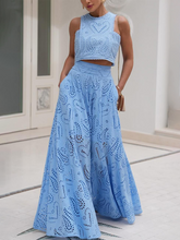 Load image into Gallery viewer, womens two piece set, crop top and skirt set, Two Piece skirt set, eyelet dress, Two piece Maxi Dress, skirt set, two piece sets women, lace dress, two piece outfits for women, co ord sets women, beach maxi dress, top and maxi skirt, long maxi dress, Feminine matching set for vacation and special occasions, what to wear to a summer vacation or beach wedding, matching top and long skirt set for women.