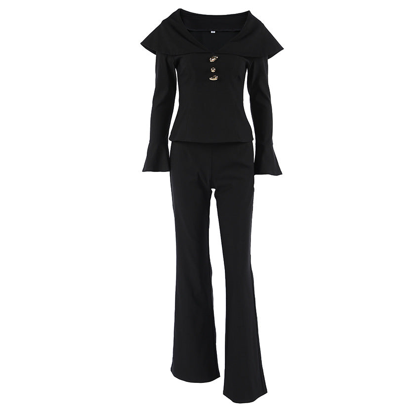 Freya Black Structured Fancy Pantsuit |  Sculpted waist peplum blazer flared pants suit set | Two Piece pants set