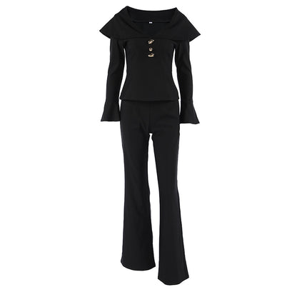 Freya Black Structured Fancy Pantsuit |  Sculpted waist peplum blazer flared pants suit set | Two Piece pants set