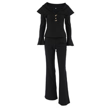 Load image into Gallery viewer, Freya Black Structured Fancy Pantsuit |  Sculpted waist peplum blazer flared pants suit set | Two Piece pants set