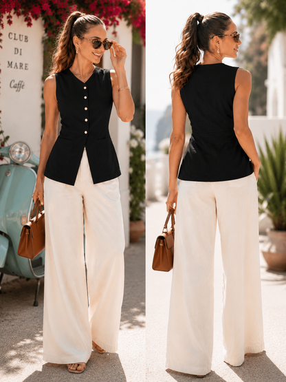 Peplum hem vest women, Tailored sleeveless cotton linen vest, Asymmetrical button vest featuring contrast buttons, princess seam tailoring, a hip length fit, and a softly flared peplum hem, designed as a smart casual vest women for vacation styling and elevated daily wear. business casual vest women for office work, meetings, and everyday elevated dressing.