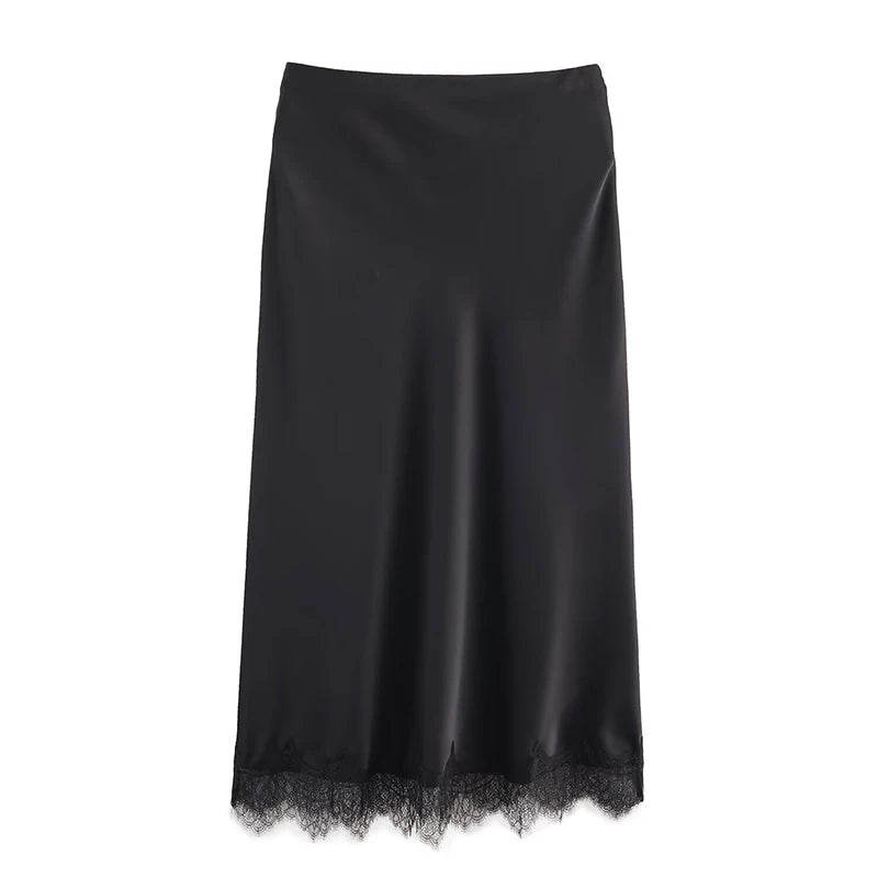 black Lace hem satin midi skirt women, smooth drape satin texture with flattering bias cut silhouette, high waist midi fit design, lace trim satin skirt outfit women for minimalist aesthetic outfits