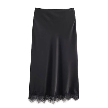 black Lace hem satin midi skirt women, smooth drape satin texture with flattering bias cut silhouette, high waist midi fit design, lace trim satin skirt outfit women for minimalist aesthetic outfits