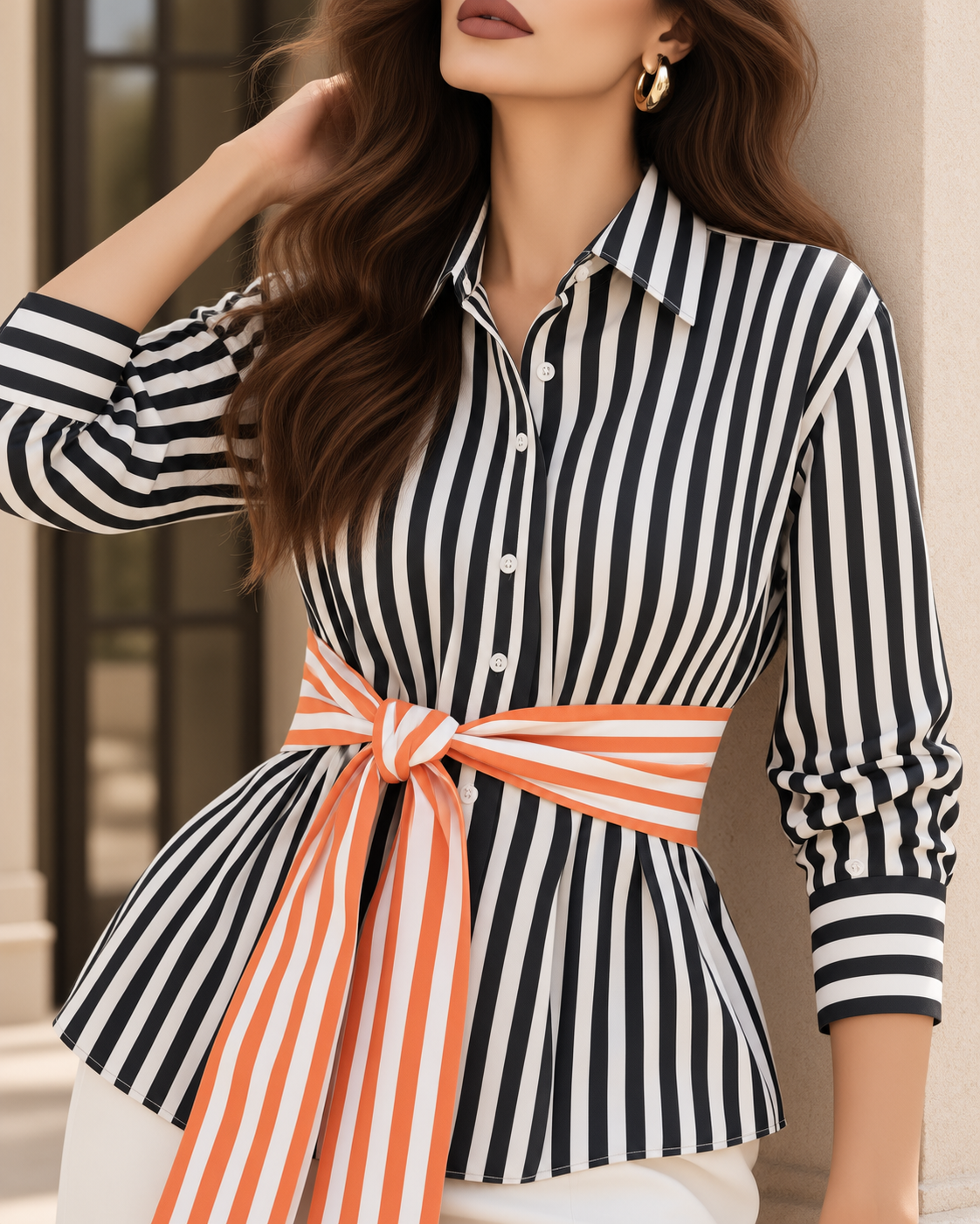 Vertical stripe shirt with a relaxed fit, pointed collar and contrast waist sash, styled as a black white striped shirt brunch outfit with a fashion-forward finish for city outfit women and elevated daytime plans and city styling.
