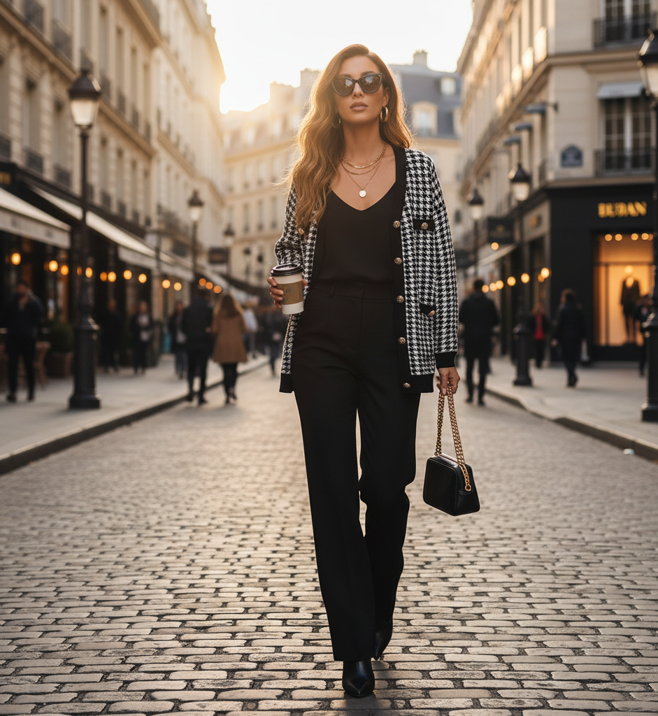 houndstooth cardigan women, oversized knit cardigan women, pearl button cardigan, v-neck button cardigan women, classy fall outfits with cardigan, old money fall outfits women.