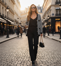 Load image into Gallery viewer, houndstooth cardigan women, oversized knit cardigan women, pearl button cardigan, v-neck button cardigan women, classy fall outfits with cardigan, old money fall outfits women.