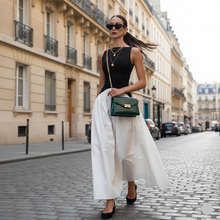 Load image into Gallery viewer, black and white maxi dress, color block maxi dress, A-line maxi dress womens maxi dresses, smooth a bit of stretch woven fabric with elegant classy casual dress styling, high waist A-line silhouette, classy brunch outfit dress, for relaxed social brunch plans.