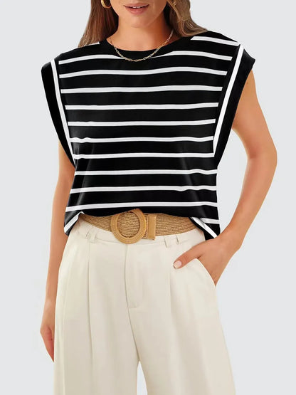 black and white cap sleeve top women, nautical stripe top, nautical fashion women, elevated basics women, summer brunch outfit, Italy vacation outfits, casual classy outfits women, cap sleeve top women, relaxed fit summer top, old money summer outfit, minimalist summer outfit.