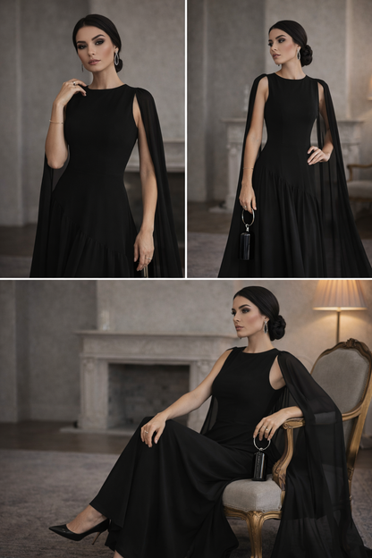 black asymmetric evening gown, Asymmetric waist ruched maxi gown, Fit Flare Maxi Dress with High Neck Cape Panels Diagonal Waist Ruching, Red Cape Detail Maxi Gown Structured Bodice Fluid Chiffon Skirt.