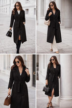 Load image into Gallery viewer, black business casual overcoat, Women’s wool blend tie-waist wrap coat featuring a polished silhouette and clean finish, suitable for professional, travel, and everyday wear.