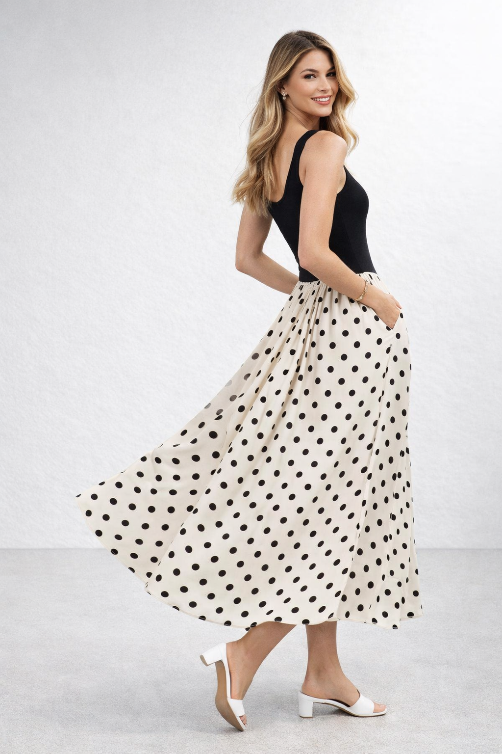 black bodice polka dot maxi, cream polka dot skirt black top, vintage polka dot maxi, fitted black bodice maxi skirt, square neck polka dot maxi dress, wedding guest polka dot maxi dress, vintage contrast polka dot dress, comfortable contrast dress all-day.