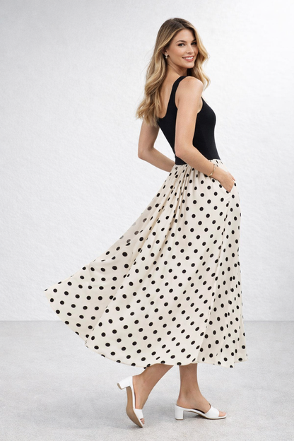black bodice polka dot maxi, cream polka dot skirt black top, vintage polka dot maxi, fitted black bodice maxi skirt, square neck polka dot maxi dress, wedding guest polka dot maxi dress, vintage contrast polka dot dress, comfortable contrast dress all-day.