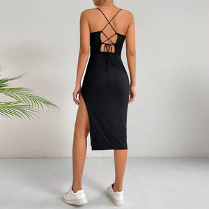 Black midi bodycon dress women with side slit, spaghetti strap cocktail dress, affordable little black dress outfit, chic ribbed knit LBD under $50, perfect for date night or party looks.