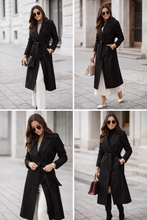 Load image into Gallery viewer, black business casual overcoat, Women’s wool blend tie-waist wrap coat featuring a polished silhouette and clean finish, suitable for professional, travel, and everyday wear.