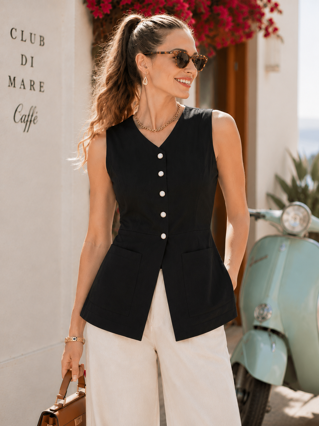 Cotton linen vest women with a tailored sleeveless silhouette, asymmetrical button front, princess seam shaping, and structured waist, styled as a business casual vest women for office work, meetings, and professional everyday wear.
