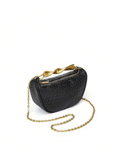 Load image into Gallery viewer, black sling purse, Raffia tote bag with sculptural handle purse, crossbody woven bag for travel, compact bucket bag for essentials, trendy summer accessory, summer sling bag, crescent bag.