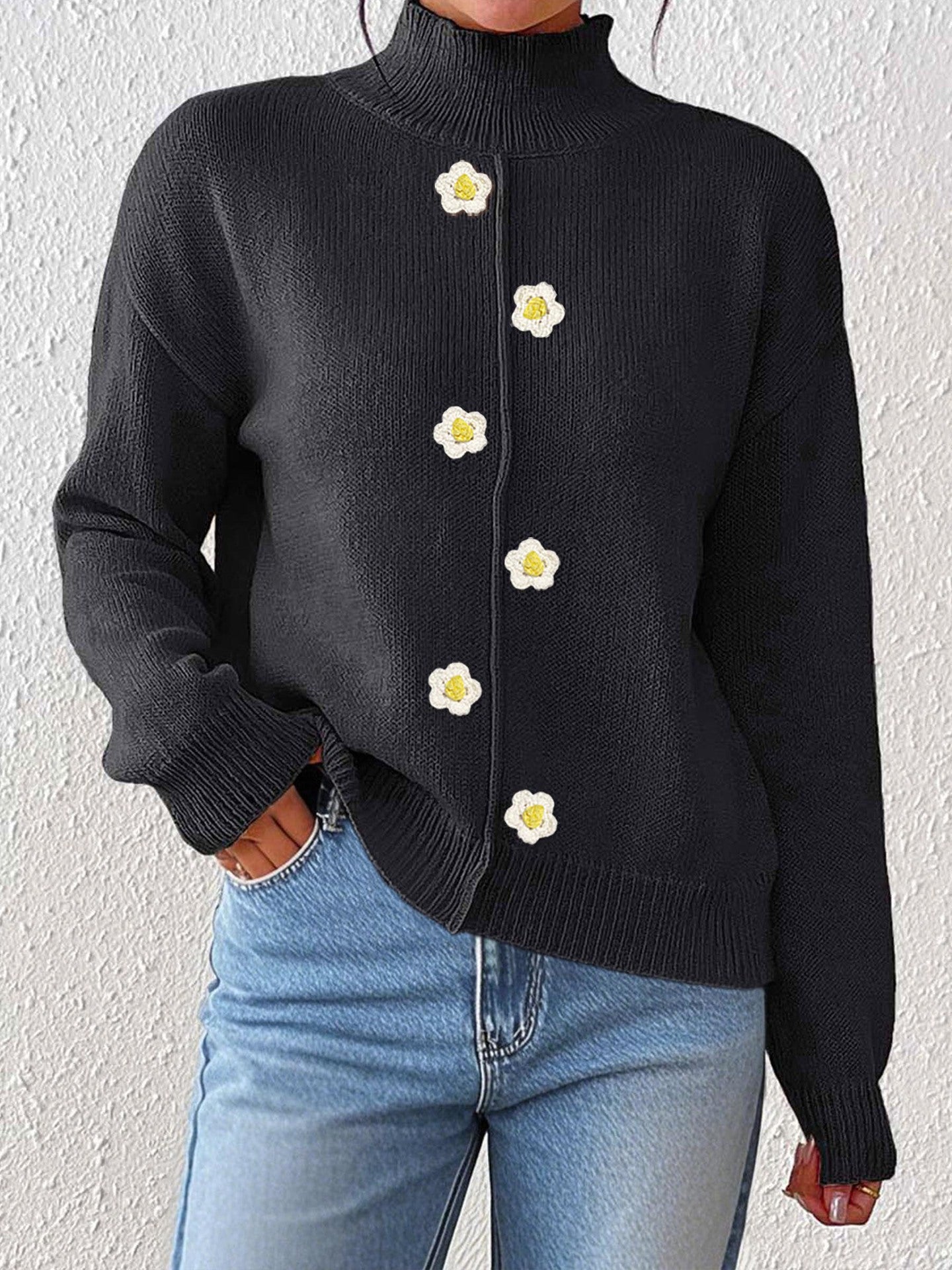 women's cute jumper, cozy plush winter crewneck sweatshirt, Women’s high-neck fall sweater in black wool blend with daisy button detailing, chic quiet luxury knit for office outfits, capsule wardrobe essential for winter layering.