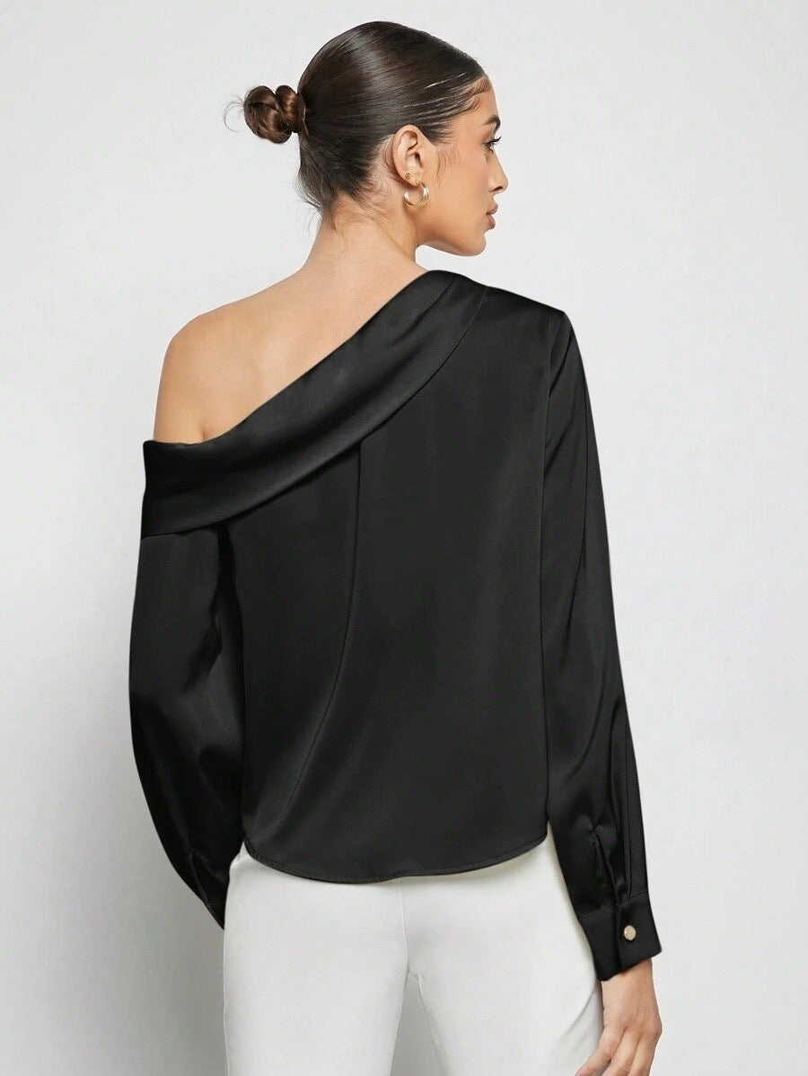 one-shoulder evening top women, Quiet luxury satin one-shoulder blouse women with refined finish and versatile style smart match for workwear top satin women and evening look, ivory color satin blouse women, date night top women satin.