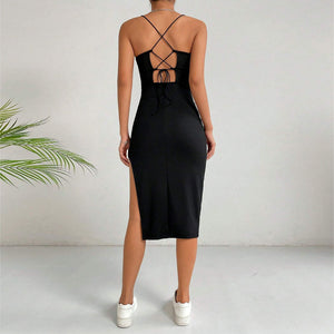 Black slit midi dress bodycon style, spaghetti strap ribbed knit little black dress under $50, chic cocktail dress for women, casual party outfit idea, affordable LBD perfect for 2025 trends.