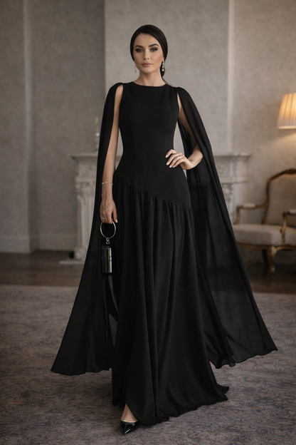 Ruched waist maxi dress, romantic Valentine’s Day dress for dinner dates, weddings, and black tie events, Opaque bodice fluid skirt dress, Women’s red cape sleeve evening gown in lightweight chiffon with floor length silhouette and open back design, Fit and flare evening gown.