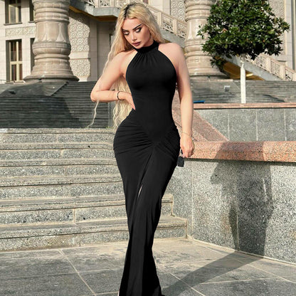 black evening party dress women, cocktail dress women, black evening gown women, thigh slit maxi dress women, halter neck formal gown women, Black bodycon gown, ruched bodycon maxi dress, elegant ruched party dress women, classic full length gown women, old money evening dress women.