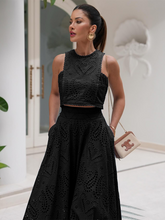 Load image into Gallery viewer, black eyelet dress, womens two piece set, crop top and skirt set, Two Piece skirt set, eyelet dress, Two piece Maxi Dress, skirt set, two piece sets women, lace dress, Coord Sets, Maxi Skirt outfit set, two piece dress, skirt coord set, 2 piece sets, matching set women, Coord set dress, ladies cords, holiday two piece sets, Eyelet crop top and flared maxi skirt.