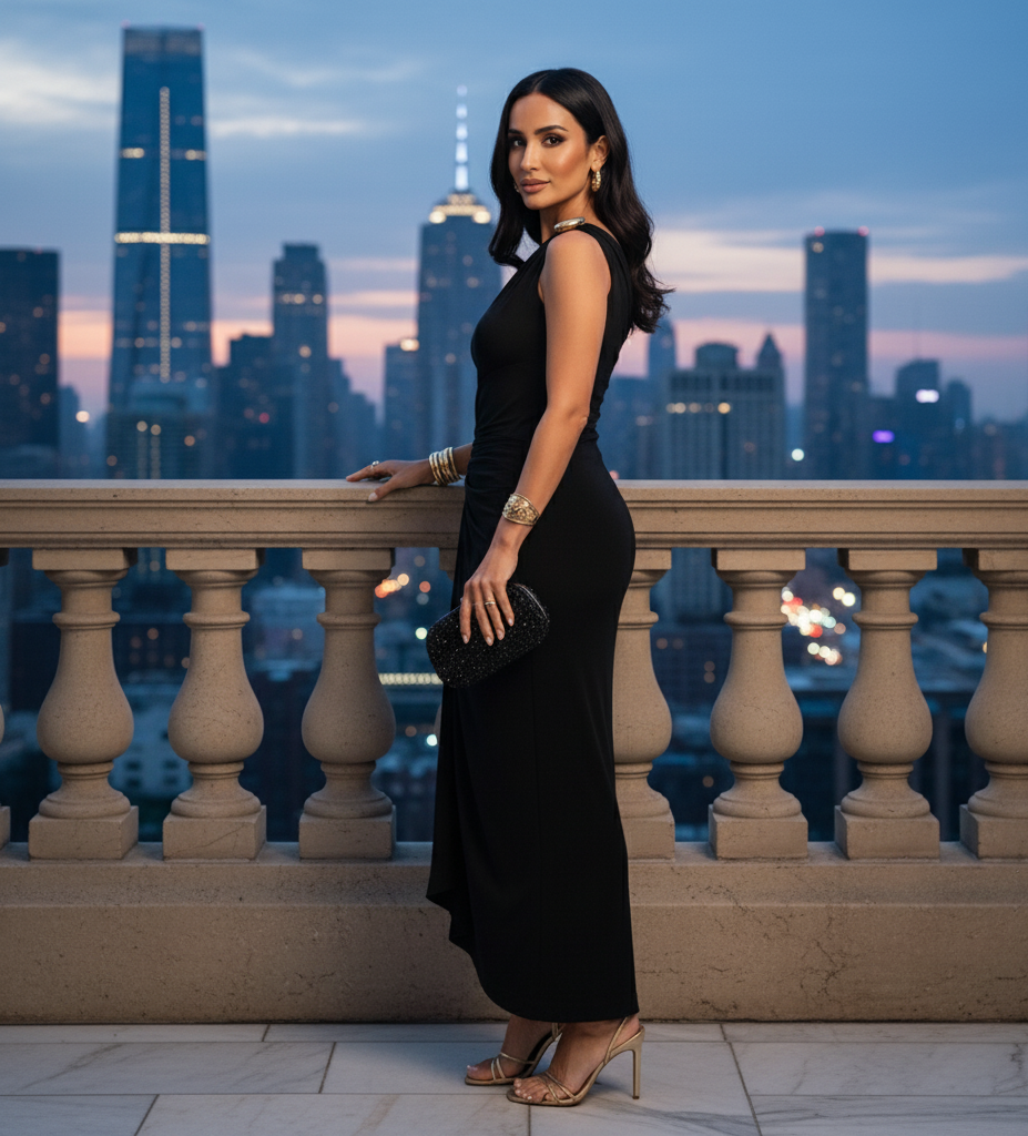 Old money black draped gown with asymmetric hem and metallic ring waist detail. An elegant maxi dress for fall weddings, formal dinners, and Pinterest trending events, formal dress with ruched side, boat neckline, and asymmetric drape. Quiet luxury meets goddess energy in this elegant fall evening gown for women.