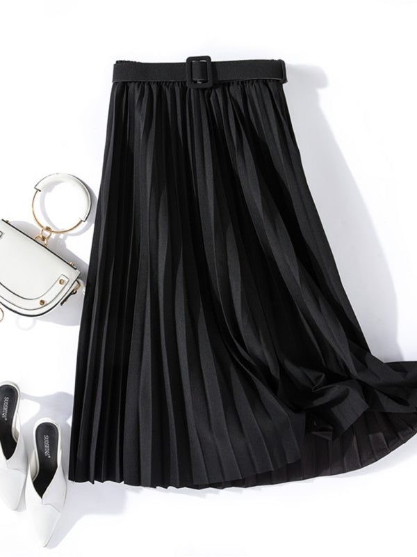 black pleated midi skirt with belt, High-waist pleated midi skirt for women, styled with belt for chic fall office wear and date night fall outfit ideas. Quiet luxury capsule wardrobe staple for layering outfits in autumn fashion.
