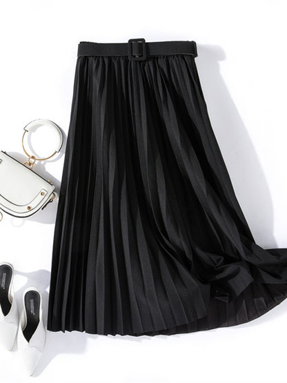 black pleated midi skirt with belt, High-waist pleated midi skirt for women, styled with belt for chic fall office wear and date night fall outfit ideas. Quiet luxury capsule wardrobe staple for layering outfits in autumn fashion.