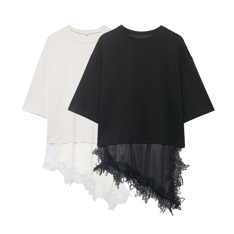 Faux layered t shirt women, smooth cotton fabric with silky satin lace hem extension, loose oversized silhouette, layered lace hem top for minimalist outfit styling, ideal for work from home outfits