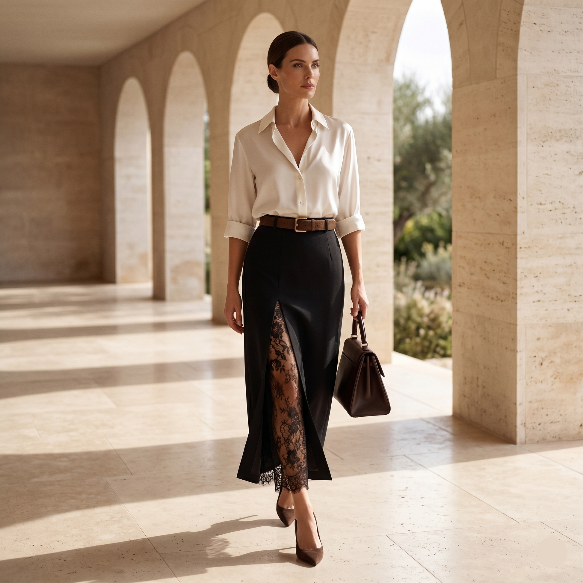 high waist midi skirt, women’s workwear skirt, Brown lace slit midi skirt in structured woven fabric with a high waist pencil silhouette, elegant quiet luxury workwear skirt for polished office to dinner outfits, minimalist fashion women, quiet luxury workwear skirt.