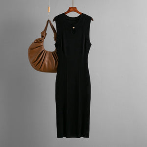 Slim fit bodycon dress, knit midi dress, casual dress, Round neck sleeveless viscose midi dress slim-fit knit dress ideal for brunch outfit, date night dress, vacation outfit, minimalist chic aesthetic in cream, grey, brown, black, watermelon red.