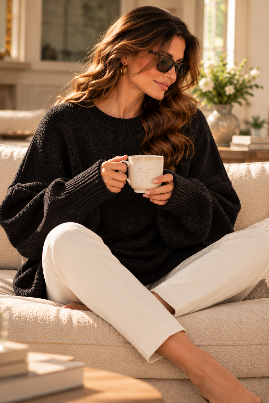 oversized layering sweater women, transitional season sweater, relaxed oversized construction with batwing sleeves, ribbed crew neckline, long fitted cuffs and elongated tunic hem, styled as a ribbed knit tunic layering sweater for adaptable seasonal wardrobes.