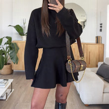 Load image into Gallery viewer, Black quiet luxury knit mini dress, old money fit and flare sweater dress for fall, classy fall outfit sweater dress, ribbed knit sweater dress women, mock neck long sleeve sweater dress, long sleeve sweater dress, fall mini sweater dress, ribbed winter sweater dress.