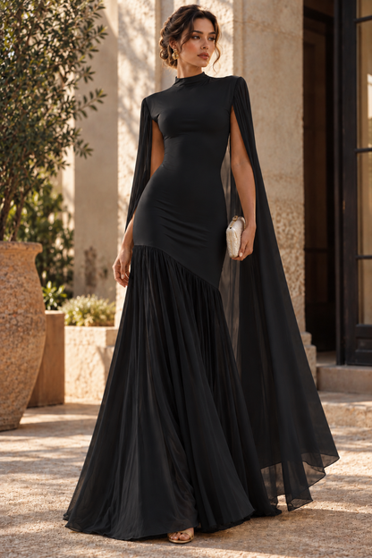 Mesh black formal maxi dress, fit and flare gown dress, Women’s black floor-length cape dress with a fitted upper silhouette, high neck and flowing pleated skirt, offering elegant coverage and statement movement for formal weddings, evening receptions and galas.