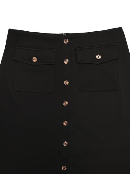 Claire Tailored High Waisted Black Midi Skirt with Slit | Button Front Midi Pencil Skirt