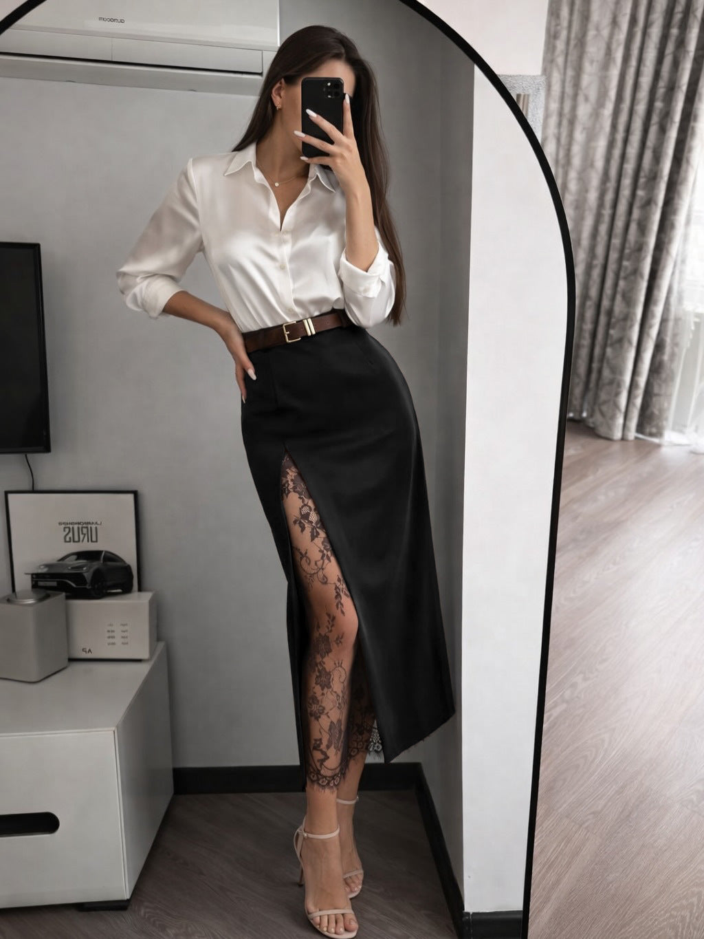 midi pencil skirt, high waist lace midi skirt, slit midi skirt, Tailored lace insert midi skirt in smooth structured fabric with a sleek pencil cut, expensive-looking office skirt for quiet luxury capsule wardrobes, women’s workwear skirt, classy workwear women.