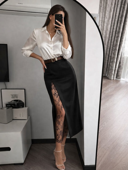 midi pencil skirt, high waist lace midi skirt, slit midi skirt, Tailored lace insert midi skirt in smooth structured fabric with a sleek pencil cut, expensive-looking office skirt for quiet luxury capsule wardrobes, women’s workwear skirt, classy workwear women.