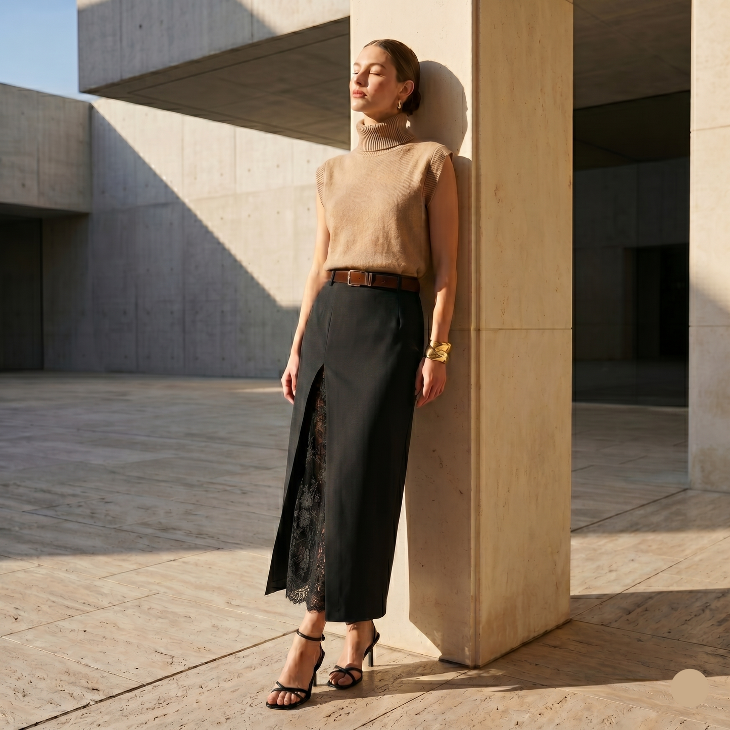 high waisted pencil midi skirt, old money midi skirt outfit, structured midi skirt women, lace panel pencil skirt, Brown pencil midi skirt with sheer floral lace detail and structured silhouette, sophisticated smart casual skirt for elevated gallery dinner outfit ideas, flattering midi skirts for curvy women.