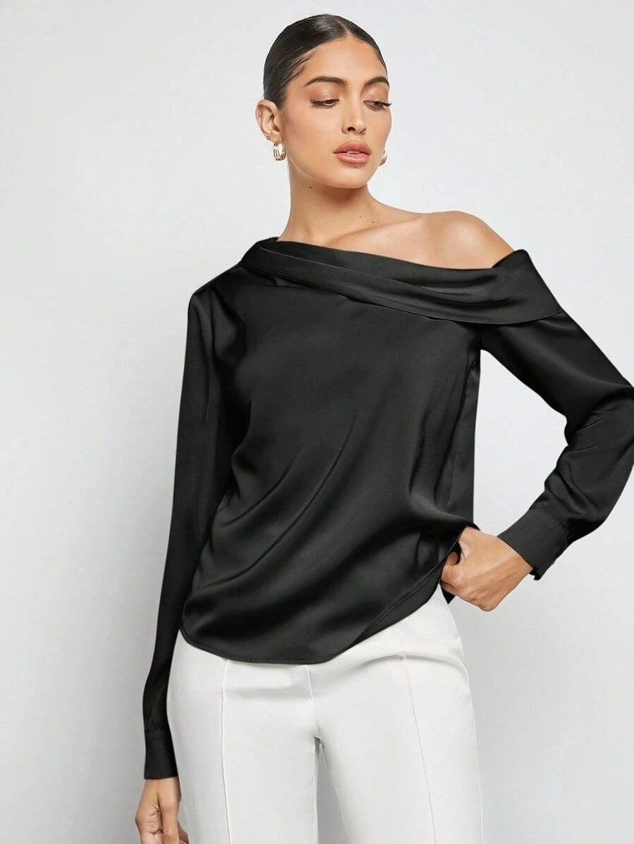 one-shoulder satin top women, Elegant one-shoulder satin top women in black, sleek and modern design formal blouse women and work to evening satin piece, fall party satin blouse women, cocktail blouse women, quiet luxury blouse women.
