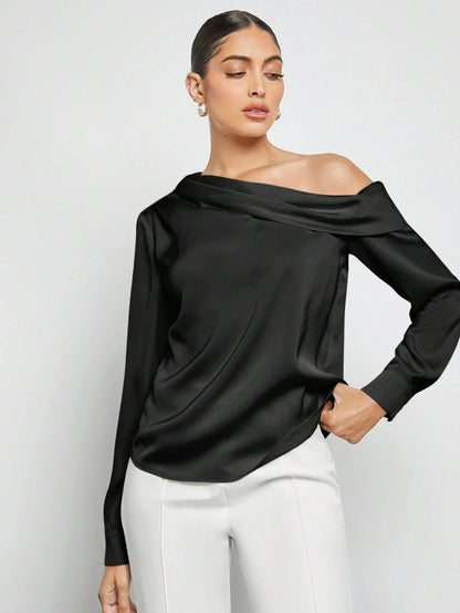 one-shoulder satin top women, Elegant one-shoulder satin top women in black, sleek and modern design formal blouse women and work to evening satin piece, fall party satin blouse women, cocktail blouse women, quiet luxury blouse women.